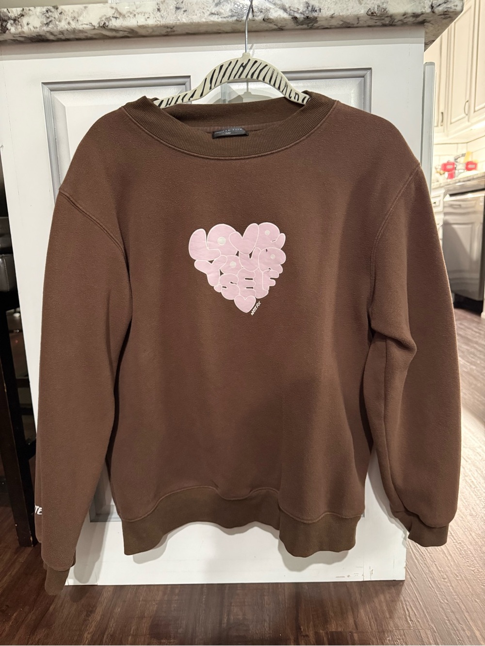 White Fox Boutique Brown Sweatshirt with Pink Heart Graphic
